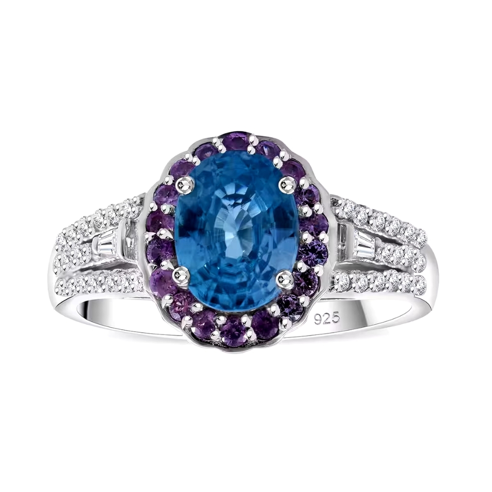 Cambodian Blue Zircon w/a Halo of Pink Sapphire w/Round & Baguette White Zircon
